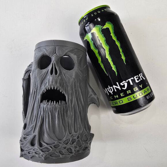 Energy Drink Can Holder Monster Ghost Face Tree Textured Gray Functional Fantasy - Picture 2 of 7